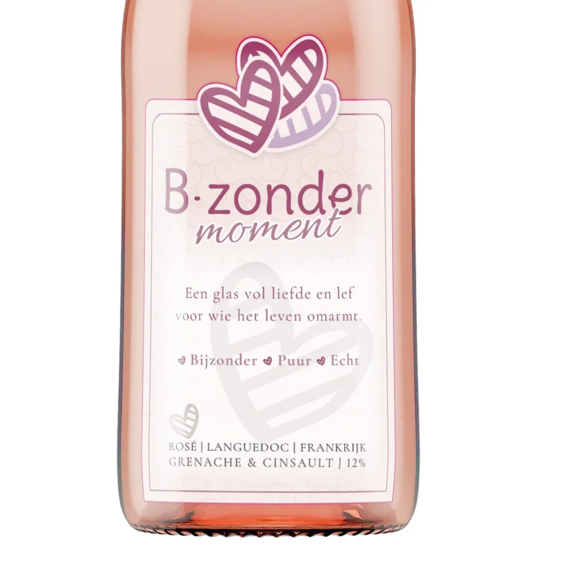 Fles roséwijn B-zonder ingezoomd
