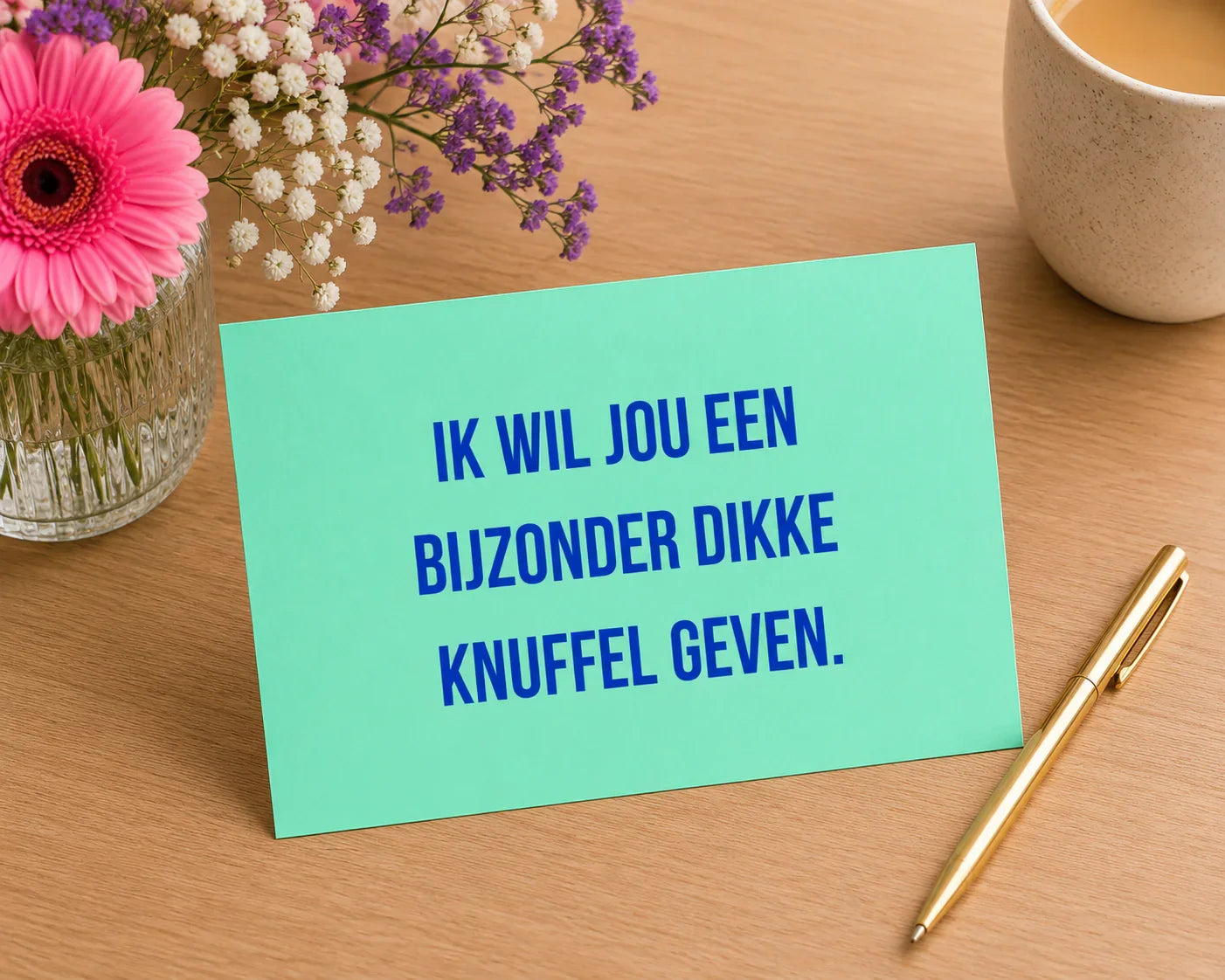 Bijzondere ansichtkaart knuffel geven met tekst ik wil jou een bijzonder dikke knuffel geven kaart met liefdevolle boodschap.
